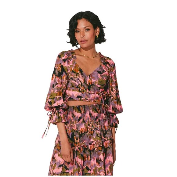 Cleobella Leighton Floral Wrap Crop Top with Puff Sleeves & Tie Details - Size S - Picture 2 of 9